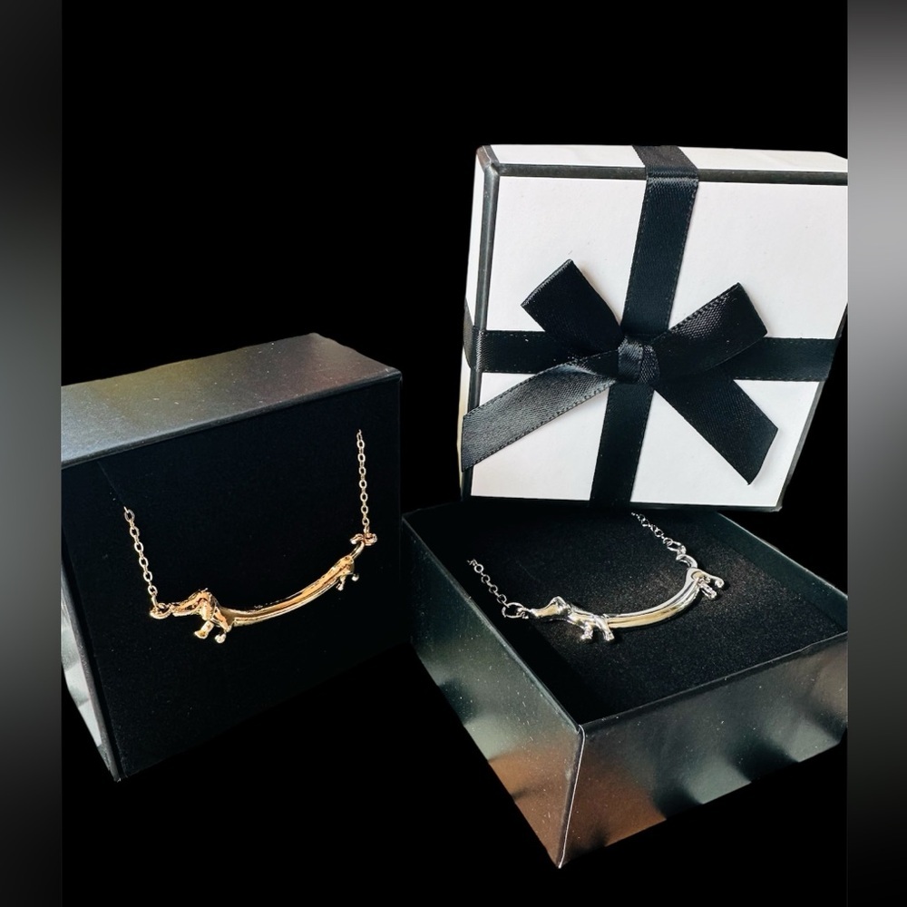 New Set Of 2- Elegant Gold and Silver Dachshund Necklaces In A Gorgeous Gift Box